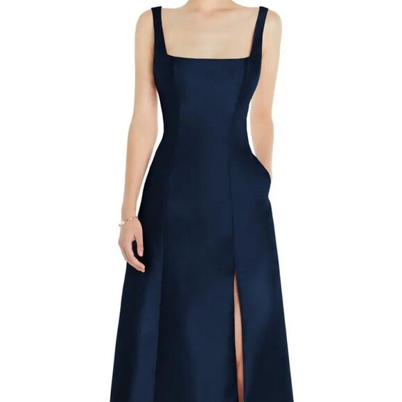 Alfred Sung D826 Midnight Blue Square Neck Satin A-Line Gown - Picture 1 of 6